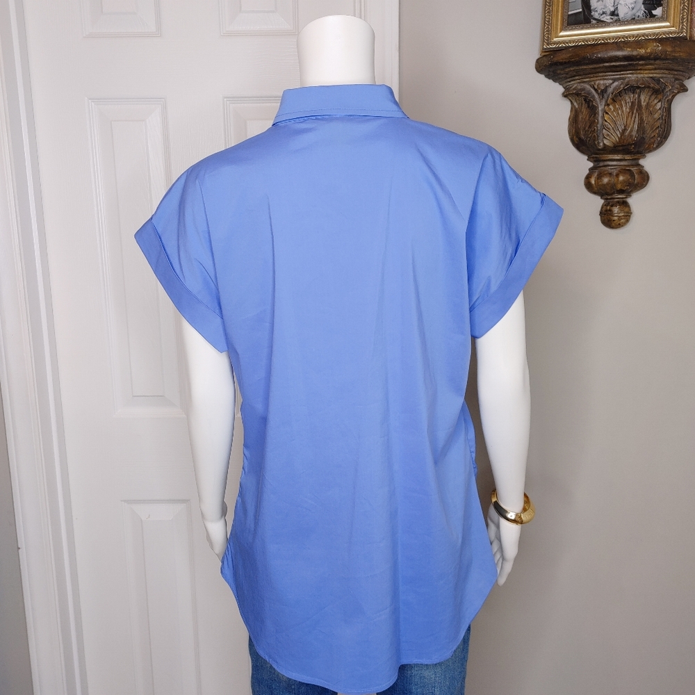 LAUREN RALPH LAUREN SHIRRED BUTTON DOWN TOP, BLUE 12 - Picture 8 of 13